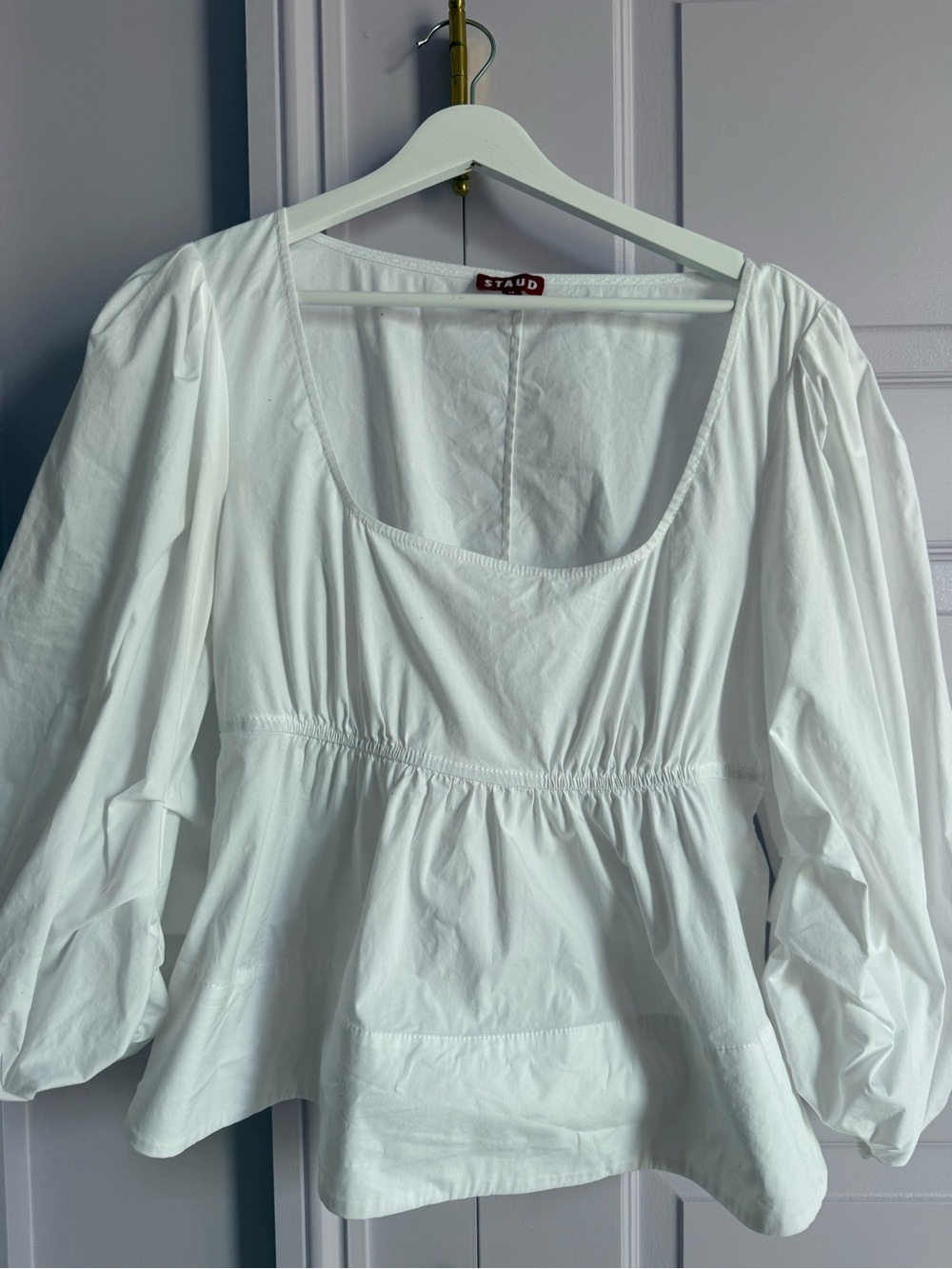 STAUD White Scoop-Neck Peplum Long-Sleeve Blouse